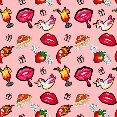 Moda yama rozetleri dudaklı, kokteyl, biber ve diğer öğeleri ile Seamless modeli. Vektör arka plan etiketleri, iğne, karikatür yamalarındaki ile 