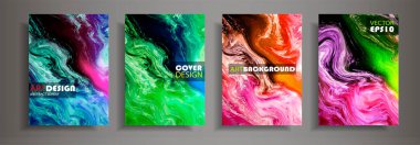Modern tasarım A4. Renkli parlak sıvı boyalar üreten sıvı doku soyut. Splash neon boyalar eğilimleri. Kullanılan tasarım sunumlar, baskı, el ilanı, iş kartları, davetiyeler, takvimler, siteleri, ambalaj, kapak.