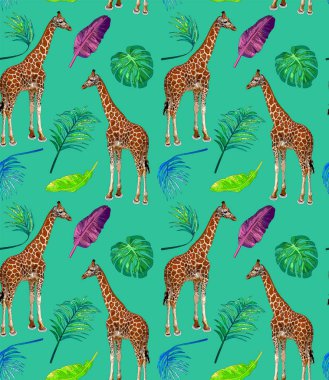 Zürafa ve çiçeklerle şirin sorunsuz yaz desen. Çocukça vektör güzel hayvan karikatür tarzı ile. Ambalaj-Tekstil için arka plan