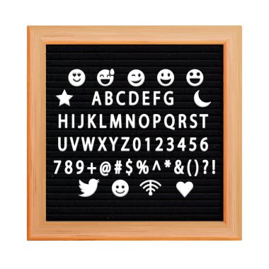Beyaz plastik harfler, sayılar, simgeler siyah letterboard. 