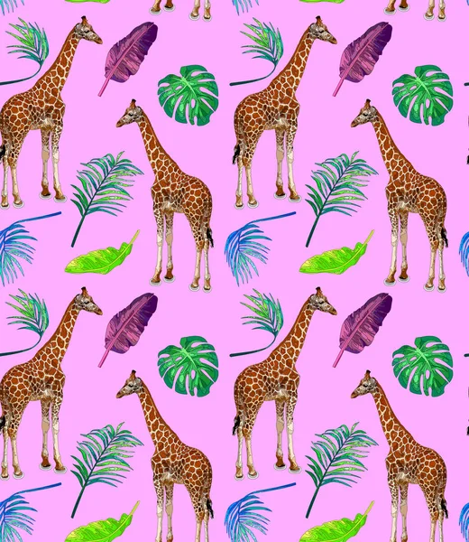 Zürafa ve çiçeklerle şirin sorunsuz yaz desen. Çocukça vektör güzel hayvan karikatür tarzı ile. Ambalaj-Tekstil için arka plan