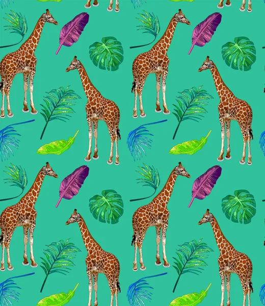 Zürafa ve çiçeklerle şirin sorunsuz yaz desen. Çocukça vektör güzel hayvan karikatür tarzı ile. Ambalaj-Tekstil için arka plan