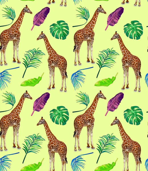 Zürafa ve çiçeklerle şirin sorunsuz yaz desen. Çocukça vektör güzel hayvan karikatür tarzı ile. Ambalaj-Tekstil için arka plan