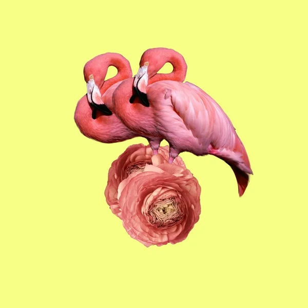 Hedendaagse Kunst Collage Flamingo Minnaar Bloemen Murch Gelukkig Womens Dag — Stockfoto