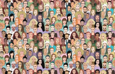 A large set of faces of young people of different nationalities. Seamless drawn creative pattern. clipart
