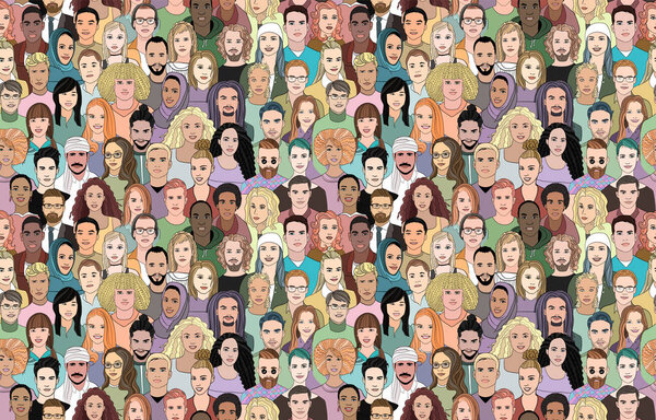 Большой набор лиц молодых людей разных национальностей. Бесшовный рисунок
.