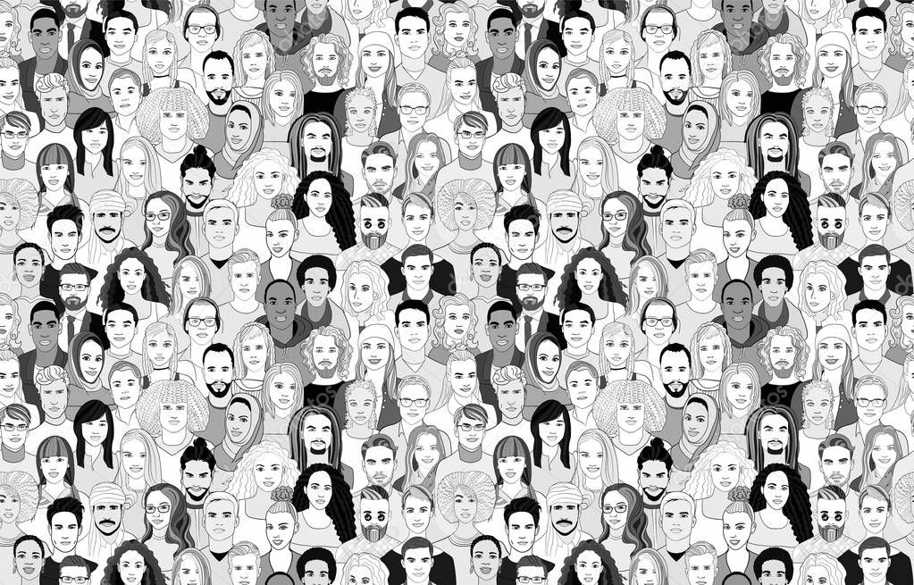 A large set of faces of young people of different nationalities. Seamless drawn creative pattern.