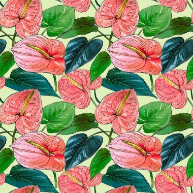 Çiçek dikişsiz desen, kırmızı Antoryum çiçekleri, kırmızı freesia çiçekler