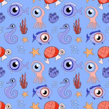 Okyanusun sualtı sakinleri ile çizilmiş desen. Sanat karikatür illüstrasyon