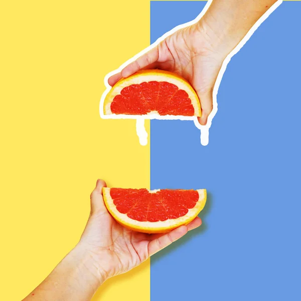 Grapefruit Hand Een Heldere Achtergrond Moderne Kunst Collage — Stockfoto