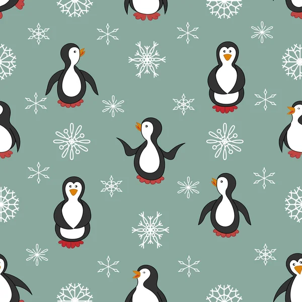 Nahtloses Muster Pinguine Und Schneeflocken Die Hintergrundfarbe Ist Graugrün Schneeflocken — Stockvektor