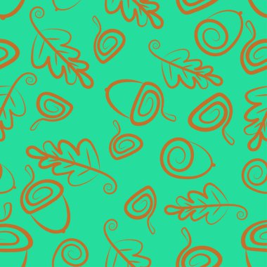 Desen meşe palamudu. Meşe palamutları, kapaklar ve meşe yaprağı kıvrımlarına bronz renk vardır. Arka plan nane rengi. Stil. Vektör görüntü.