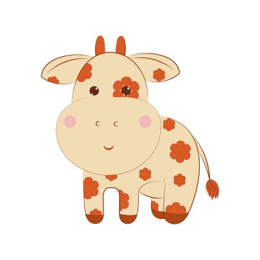 Beyaz bir arka plan üzerinde inek. Benekli bir inek beyaz zemin üzerinde bir görüntü. Krem renkli inek koyu turuncu renk ve çiçek gibi görünüyor. Vektör çizim.