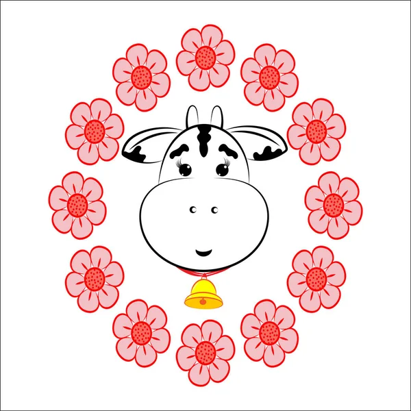 Корова Цветочном Венке Изображение Головы Коровы Венке Розовых Цветов Корова — стоковый вектор