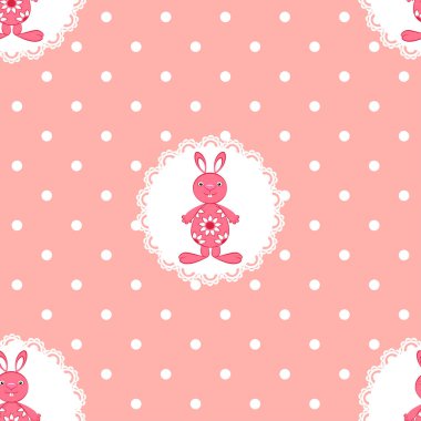 Desen. Paskalya motifleri. Beyaz bezelye pembe bir arka plan üzerinde beyaz dantel bir daire içinde pembe tavşan bir resmi vardır. Vektör çizim.
