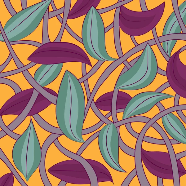 花のテクスチャです 抽象化です オレンジ色の背景にライラックの上昇の植物の緑と紫のストライプの葉と茎します ベクトル図 — ストックベクタ
