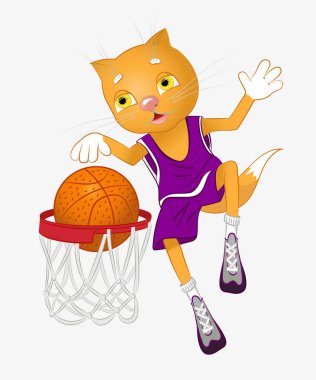 Kedi basketbolcu. Bir atlama kedi basketbol sepeti içine bir top atar. Kedi geleneksel basketbol üniforması giymiş: jarse, şort ve spor ayakkabıları. Vektör görüntüsü.