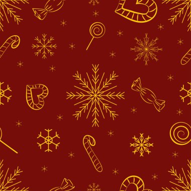 Yeni yıl ve Noel. Kusursuz desen. Altın kar taneleri, şekerler ve bordo bir arka plan üzerinde kalpler. Vektör çizimi.