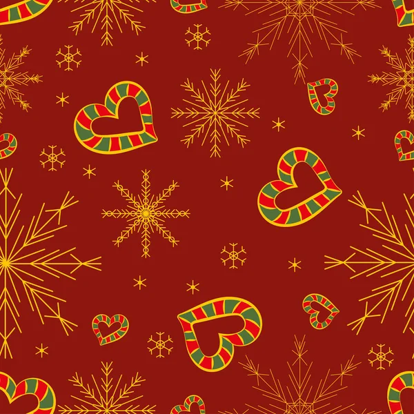 Новый Год Рождество Бесшовный Шаблон Золотые Снежинки Черви Красных Зеленых — стоковый вектор