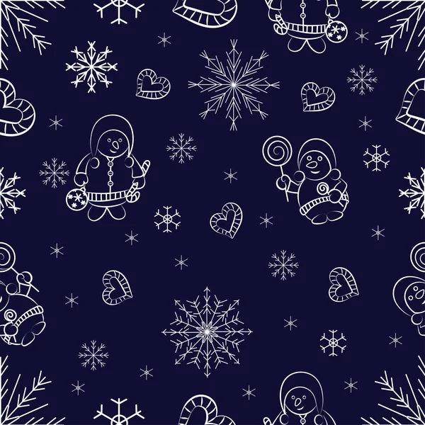 Neujahr Und Weihnachten Nahtloses Muster Weiße Schneeflocken Und Schneemänner Auf — Stockvektor