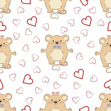 Kusursuz desen. Sıçan 2020'nin sembolüdür. Beyaz bir arka plan, kalpler ve küçük fareler erkek ve kız. Vektör çizimi.