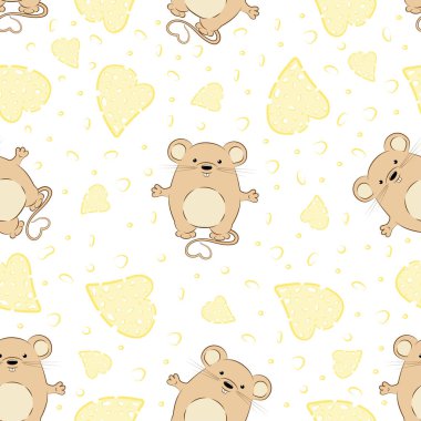 Kusursuz desen. Sıçan 2020'nin sembolüdür. Beyaz arka plan peynir kalpler, peynir ve küçük sıçanlar delikler. Vektör çizimi.