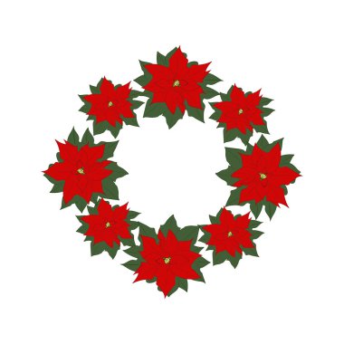 Poinsettia'dan Noel çelengi. Beyaz bir arka plan üzerinde poinsettia çiçek bir çelenk. Resimlerinizin dekoru için eleman. Vektör çizimi.