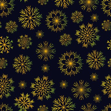 Yeni Yıl sorunsuz desen. Derin mavi arka planda altın kar taneleri. Kar taneleri geleneksel Yeni Yıl tarzında yapılır. vektör görüntüsü.