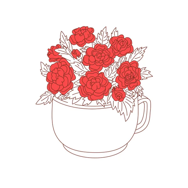 Blumen Einer Tasse Rote Rosen Blätter Sind Weiß Die Tasse — Stockvektor
