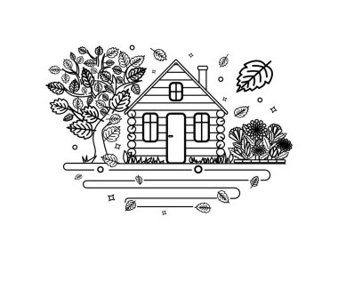 Kontrole geldim. Ahşap bir ev, ağaç ve çiçek tarhının siyah beyaz görüntüsü. Mevsimler tasarım elementi. Vektör illüstrasyonu.