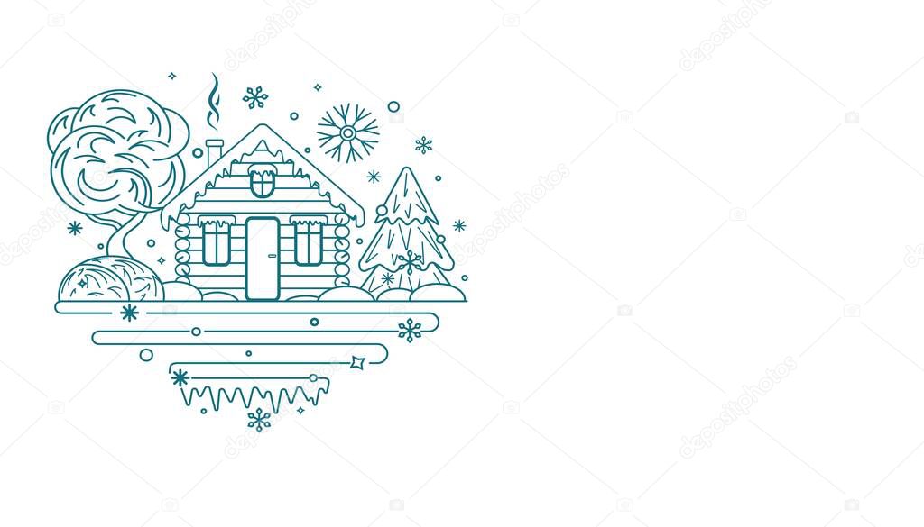 Contour house. Color image of a contour wooden house, tree and flower bed. Seasons design element. Vector illustration.