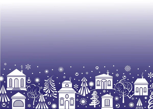 Новорічна Різдвяна Текстура Білі Силуети Будинків Зимові Дерева Ялинки Сніжинки — стоковий вектор