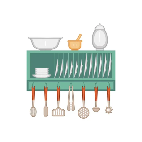 Mutfağa Düzenlenmiş Mutfak Gereçleri Bulaşıklar Için Bir Raf Beyaz Arkaplandaki — Stok Vektör