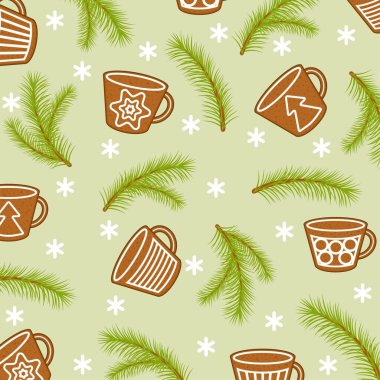 Yeni yıl ve Noel dokusu. 2021 yılı. Mevsimsel desen. Şenlikli, kıvırcık kurabiyeler. Dekoratif elementli tatlı zencefilli çöreğin renkli görüntüsü. Tasarım elemanı. Vektör illüstrasyonu.