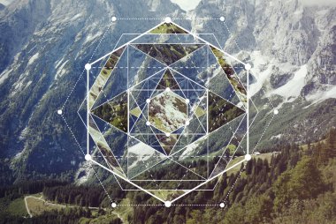 Geometrik kolaj görüntü dağ manzarası ile. Arka plan. Uyum, maneviyat, doğanın birlik. 