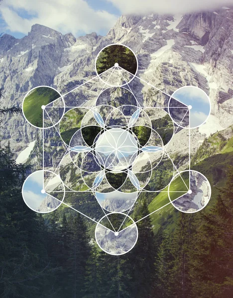 Fond Abstrait Avec Image Paysage Montagne Symbole Metatron Cube Géométrie — Photo