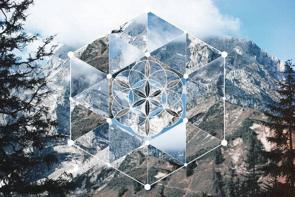 Абстрактный фон с изображением горного ландшафта и сакральным символом геометрии. Гармония, духовность, единство природы. Коллаж, мозаика
.