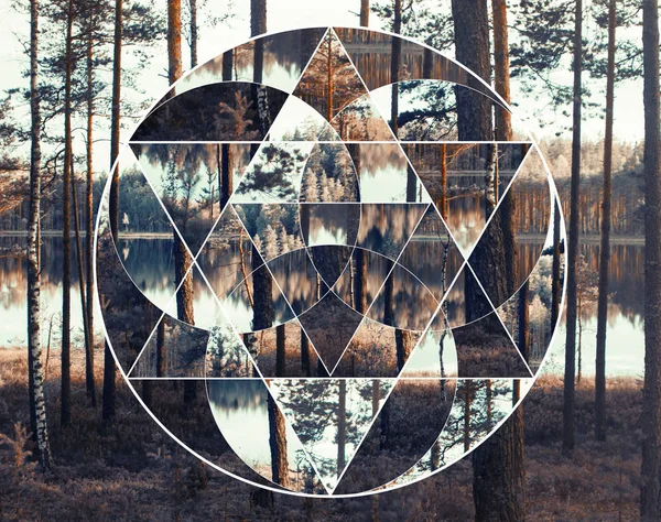 Geometric collage with the image of the nordic landscape. Abstract background with composition of sacred geometry , forest and lake. Harmony, spirituality, unity of nature.