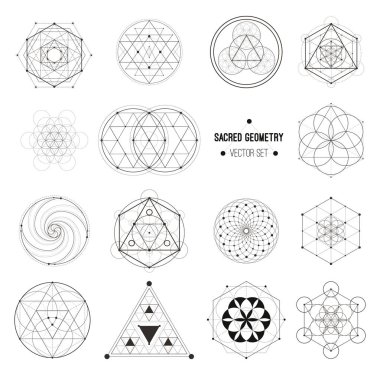 Kutsal Geometri vektör tasarım öğeleri. Simya, din, felsefe, maneviyat, hipster sembolleri ve öğeleri. Vektör set.