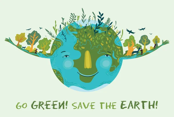 Ga groen, red de aarde. Vector schattig ecologisch illustratie. — Stockvector