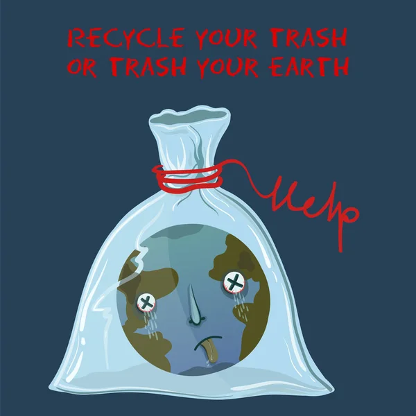 Ekologiczna ilustracja planety Ziemia, która udusiła się w plastikowej torbie. — Wektor stockowy