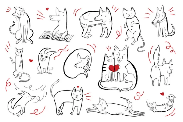 Ilustração vetorial com conjunto de personagens bonitos cães e gatos — Vetor de Stock