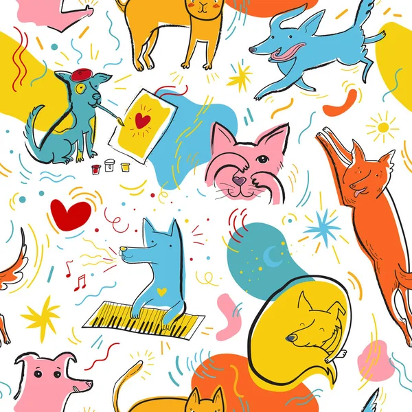 Patrón Sin Costuras Con Lindos Perros Gatos Color Textura Infantil — Archivo Imágenes Vectoriales