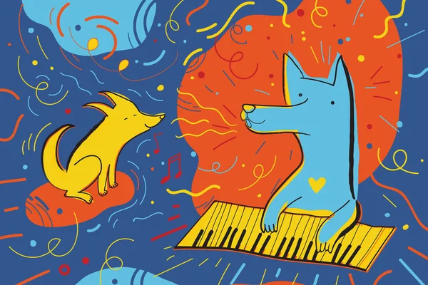Векторная Иллюстрация Счастливыми Собаками Окружении Конфетти Поздравительная Открытка Праздника Музыкальной — стоковый вектор