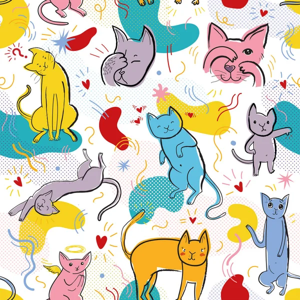 无缝图案与可爱的猫和手绘元素在孟菲斯风格 创造性的幼稚质感 很好的面料 纺织品 流行艺术矢量字符的说明 — 图库矢量图片