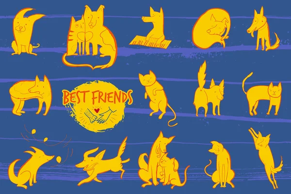 Векторная Иллюстрация Набором Милых Собак Кошек Разных Эмоциональных Состояниях Лучшие — стоковый вектор