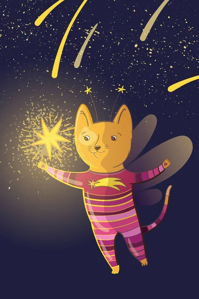 子供の夢のベクトルイラストで猫でピンクの縞のパジャマを持っています彼の足の上に星を保持秋の背景 — ストックベクタ