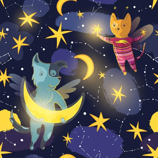 Vector Seamless Pattern Children Fairy Dog Cat Moon Stars Constellations — Stock Vector