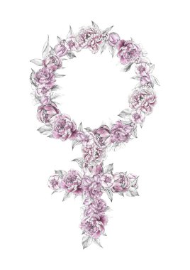 Feminist hareketin sembolü. Venüs sembolü. Kız Gücü. Pembe şakayık çiçekli feminist sembol