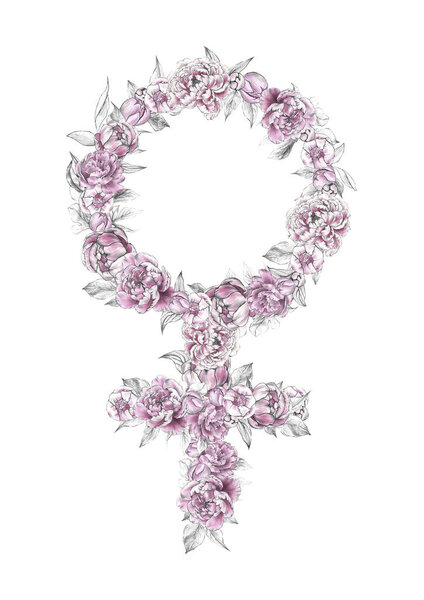 Символ феминистского движения. Символ Венеры. Женская сила. Символ феминизма с розовыми пионами